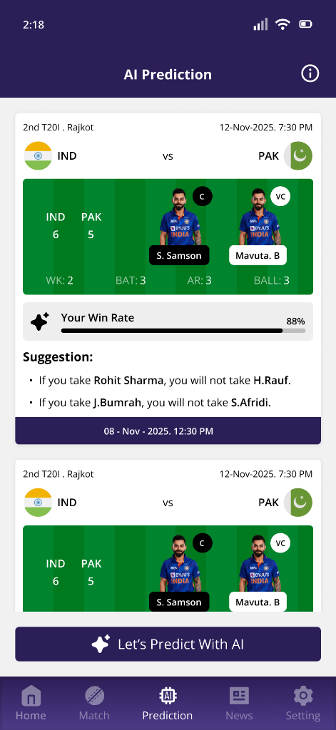MyPredict11 AI prediction screen with team suggestion details