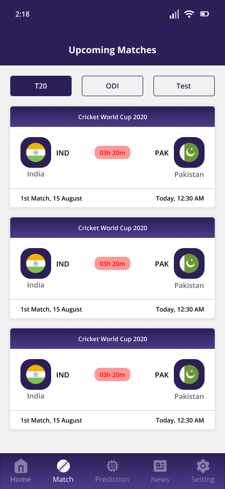MyPredict11 upcoming matches screen