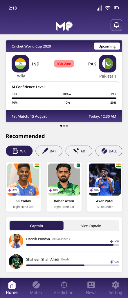 MyPredict11 match detail screen with AI-backed cricket insights