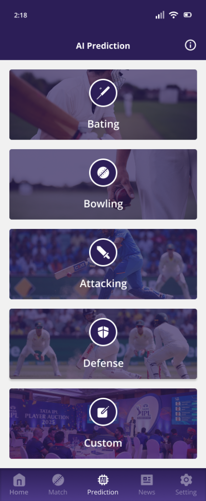 MyPredict11 prediction modes showing batting, bowling, attacking, and defense strategies